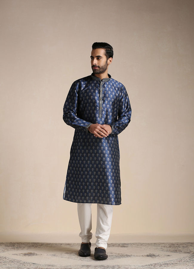 alt message - Manyavar Men Trendy Printed Blue Kurta Pajama image number 1